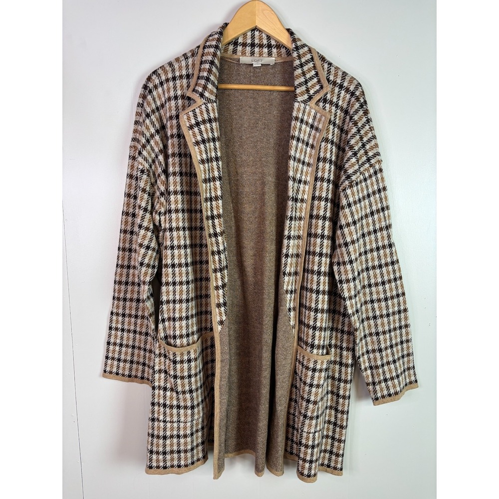 LOFT Cardigan XL Beige Brown Plaid Open-Front Collared Pockets Cotton Knit